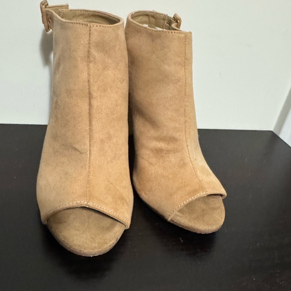 Madden Girl Tan Peep-Toe Suede Ankle Booties